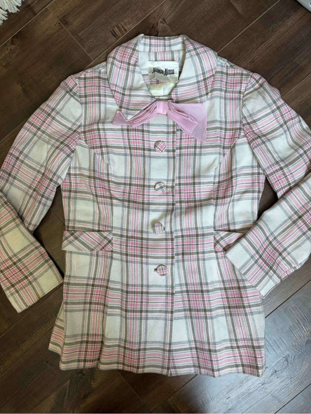 Vintage 1980s Newman Marcus blazer w bow pink plaid 8